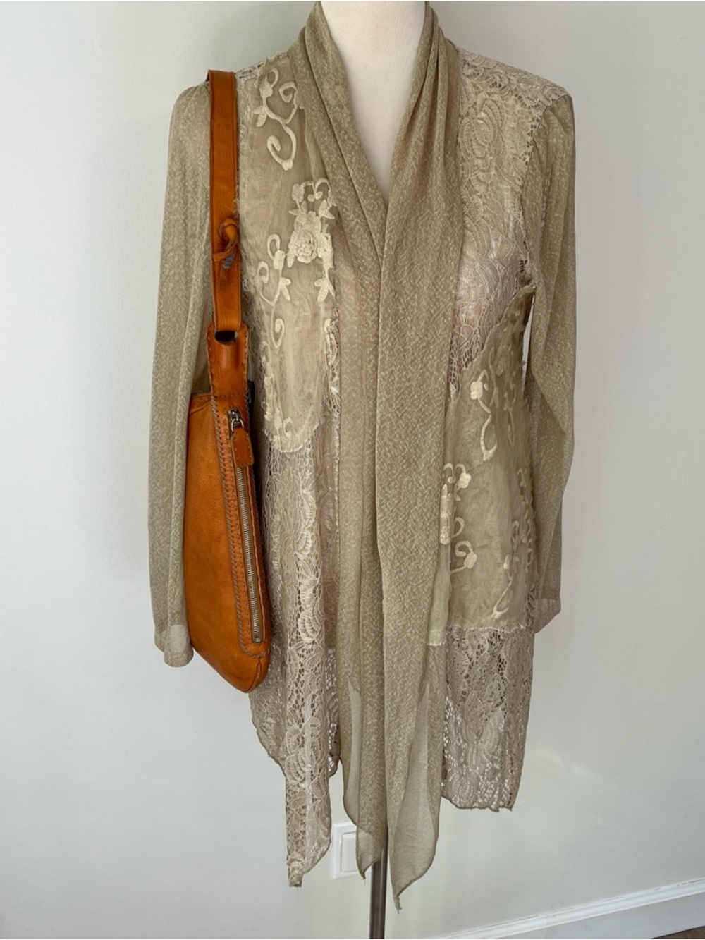 Boho Lace Sheer Cardigan Duster Neutral Romantic Cottagecore Medium beige fairy
